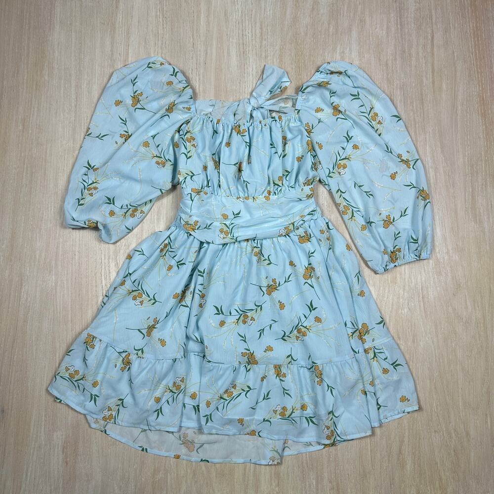 Exlura Blue Floral Puff Sleeve Smocked Waist Cottagecore Ruffle Mini Dress XL